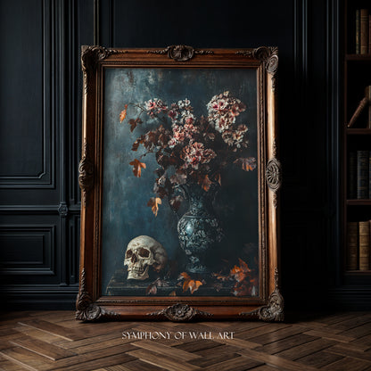 skull and dried flowers in the vase victorian style wall art print in the golden frame