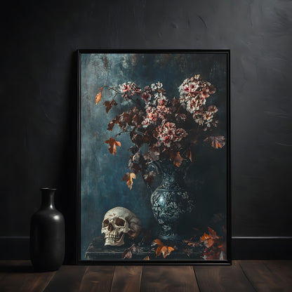 skull and dried flowers in the vase victorian style wall art print in the black frame