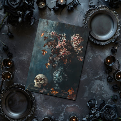 Gothic-themed table setting with skull and floral design on a card, surrounded by candles and dark flowers.