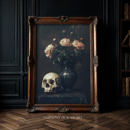 skull and pink roses in vase dark academia art in victorian frame
