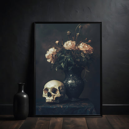 skull and pink roses in vase dark academia art in black frame