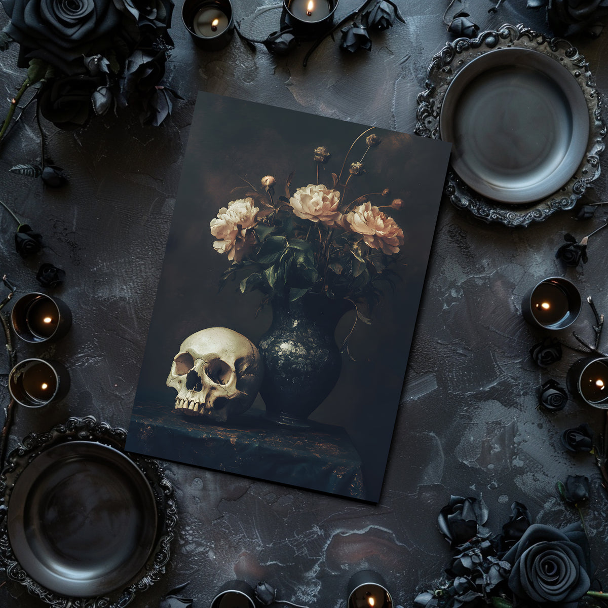 skull and pink roses in vase dark academia art without frame, post card