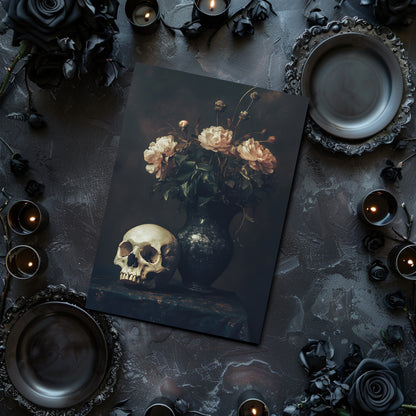 skull and pink roses in vase dark academia art without frame, post card