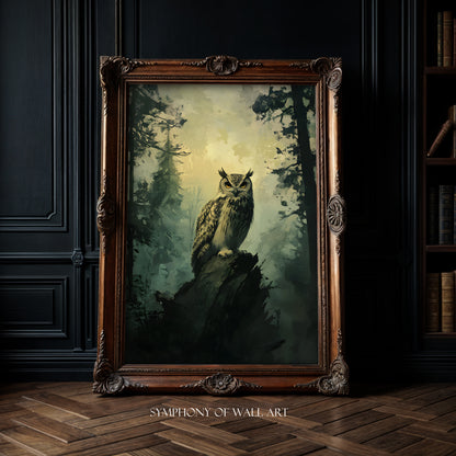 Dark academia, owl in the forest, bird, animal, wall art, art print in gold frame, poster on the wall