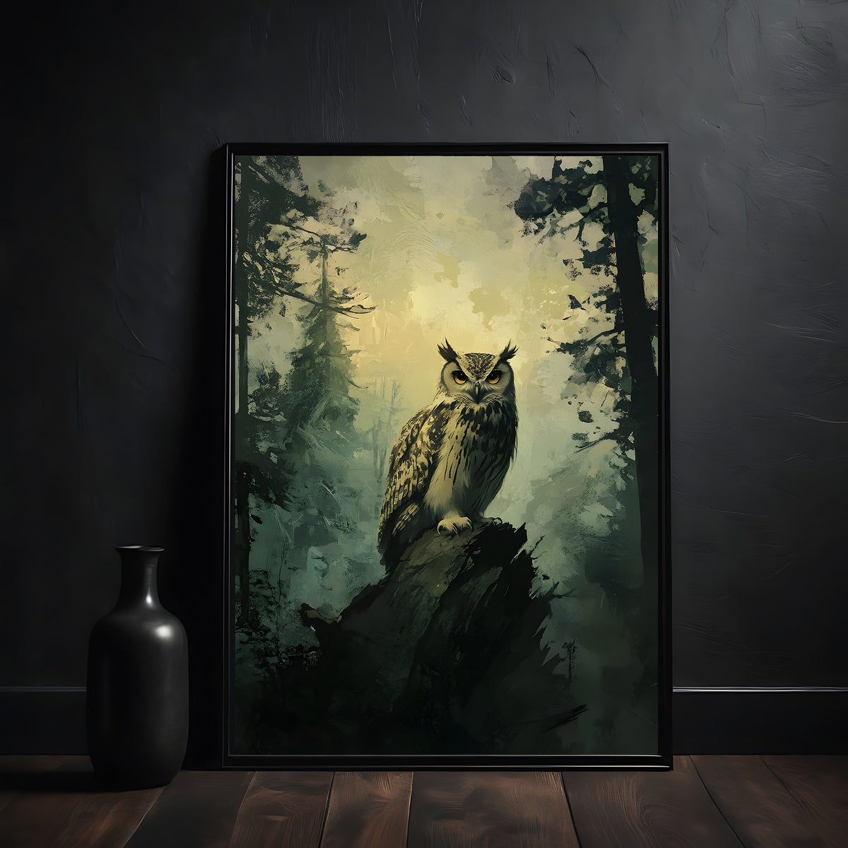 Dark academia, owl in the forest, bird, animal, wall art, art print in black frame, poster on the wall