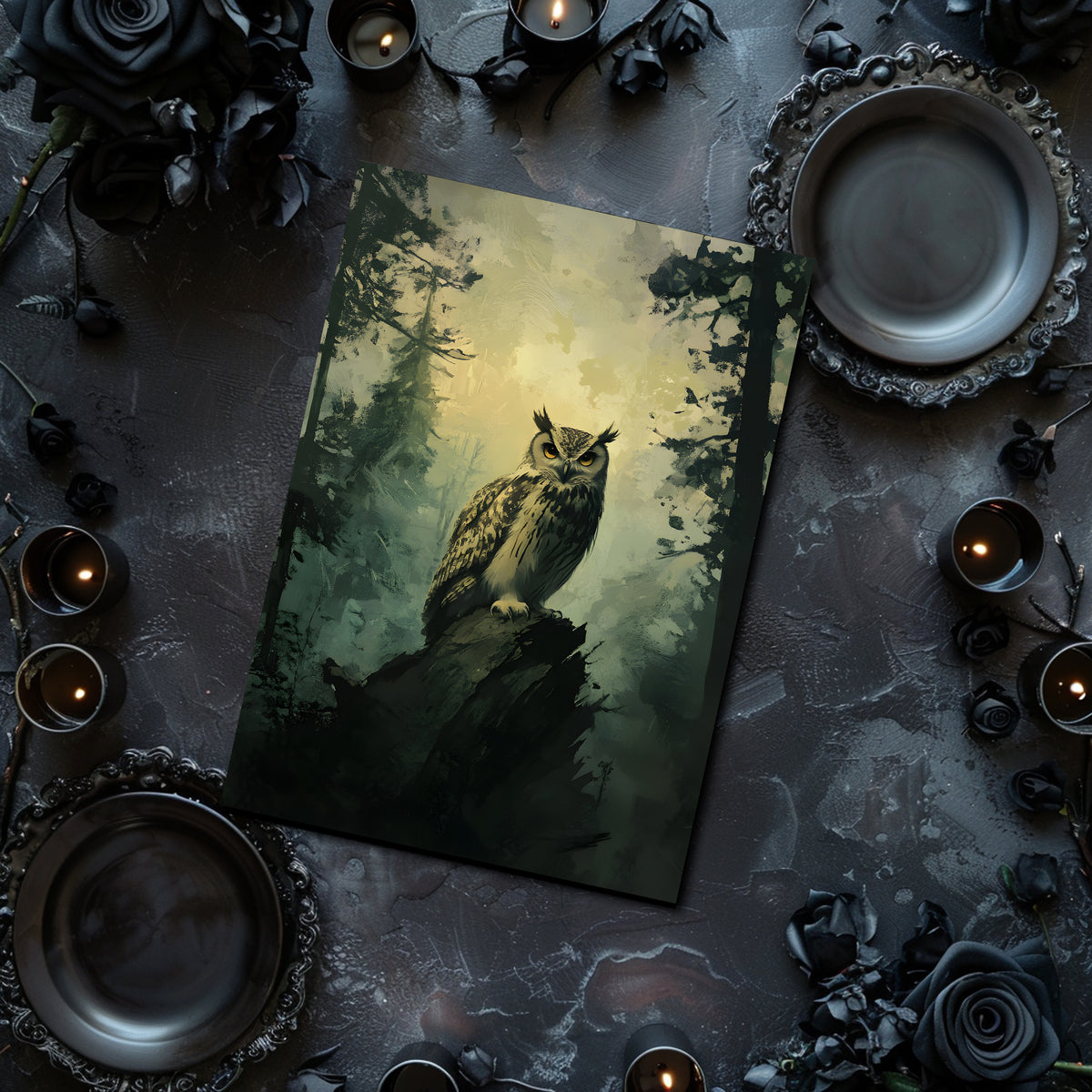 Dark academia, owl in the forest, bird, animal, wall art, art print without frame, poster on the wall
