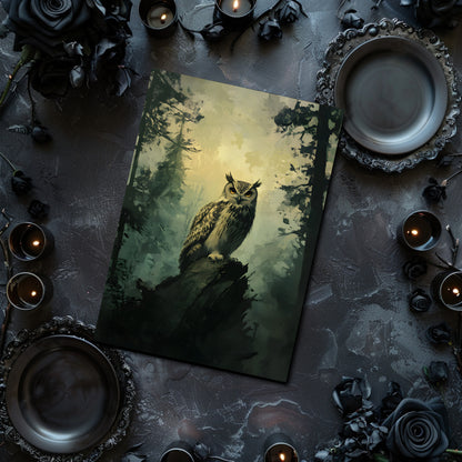 Dark academia, owl in the forest, bird, animal, wall art, art print without frame, poster on the wall