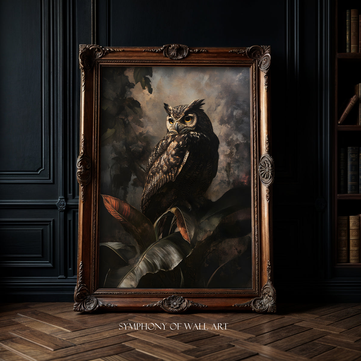 Dark academia, owl, bird, animal, wall art, art print in gold frame, poster on the wall