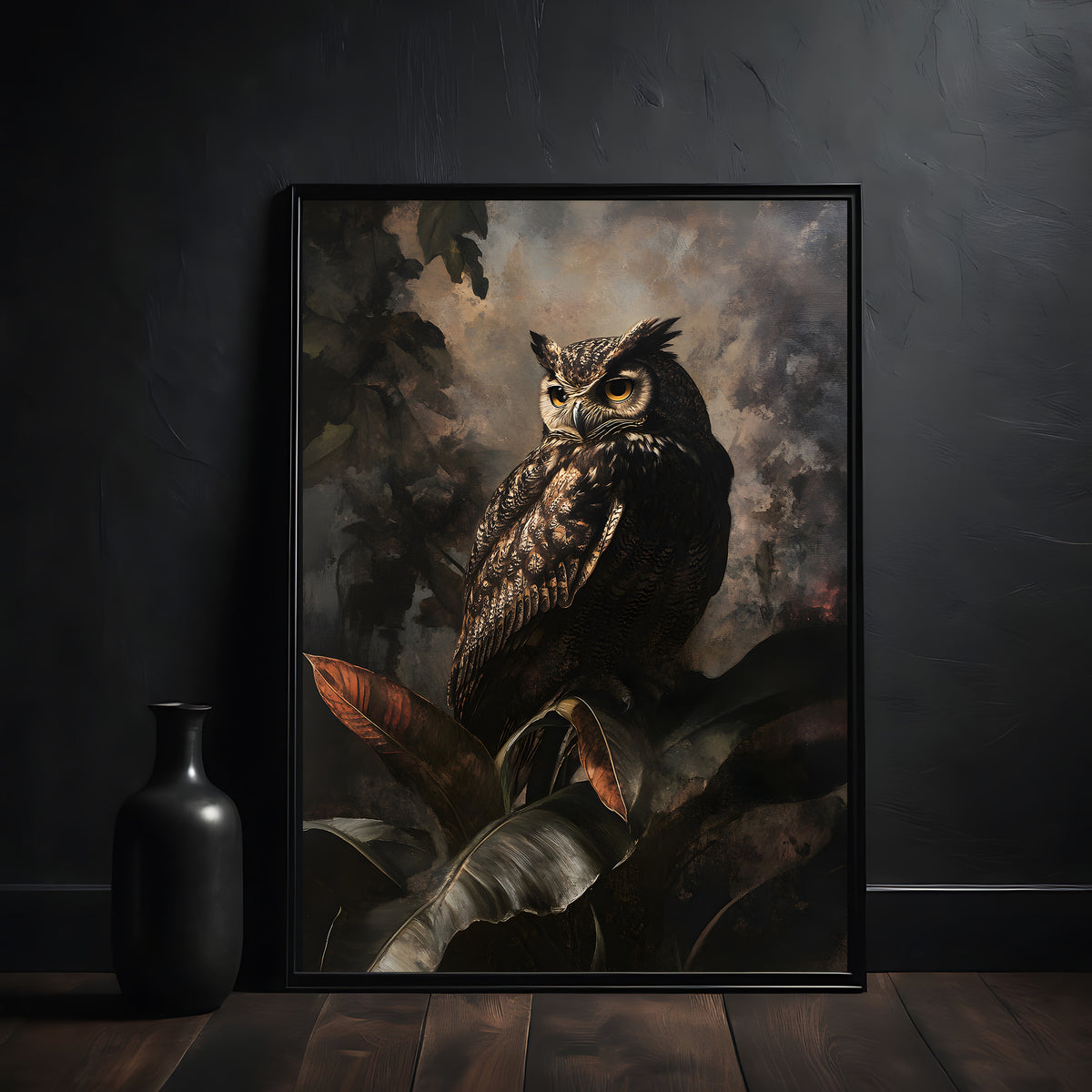 Dark academia, owl, bird, animal, wall art, art print in black frame, poster on the wall