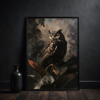 Dark academia, owl, bird, animal, wall art, art print in black frame, poster on the wall