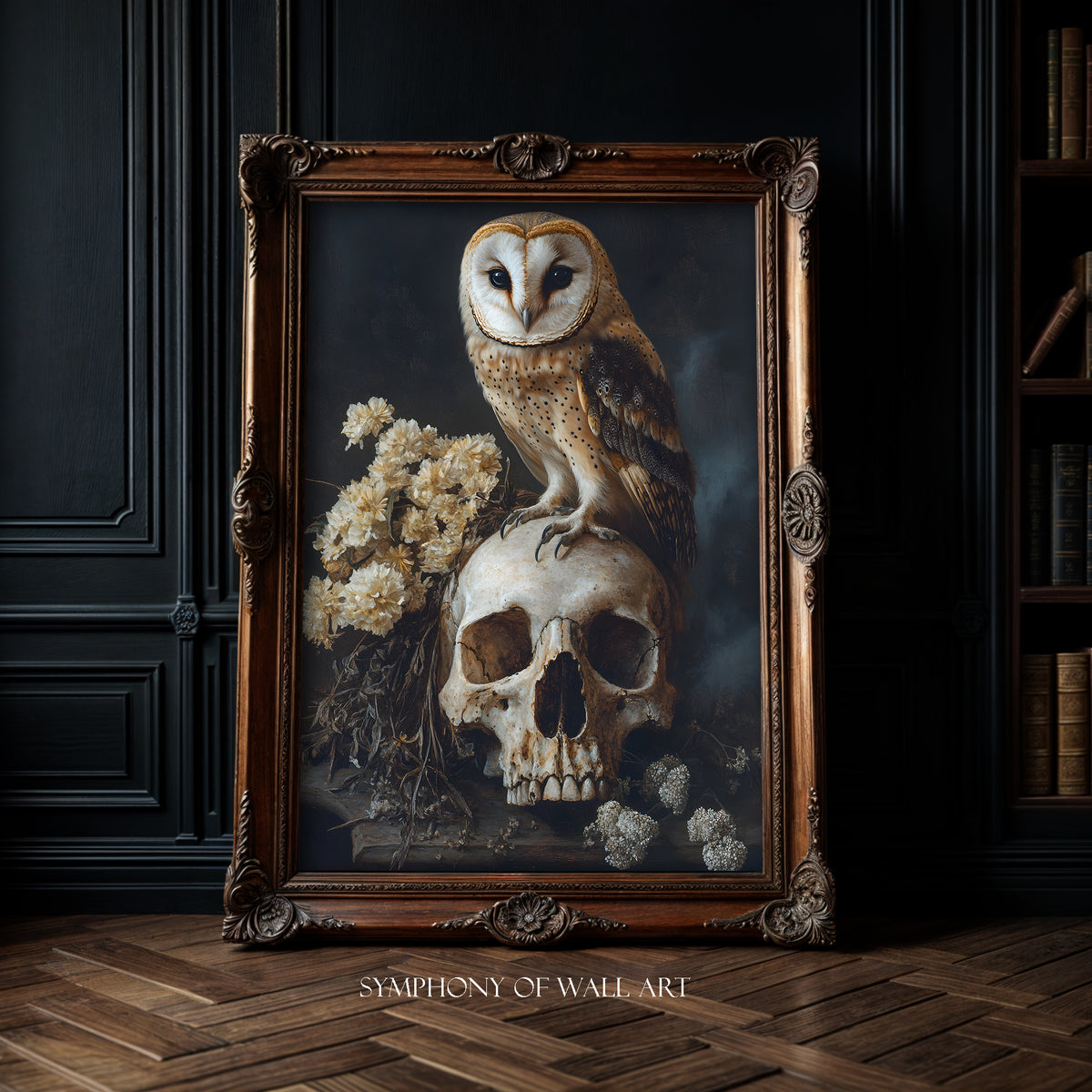 Dark academia, owl sitting on the human skull, bird, animal, wall art, art print in gold frame, poster on the wall
