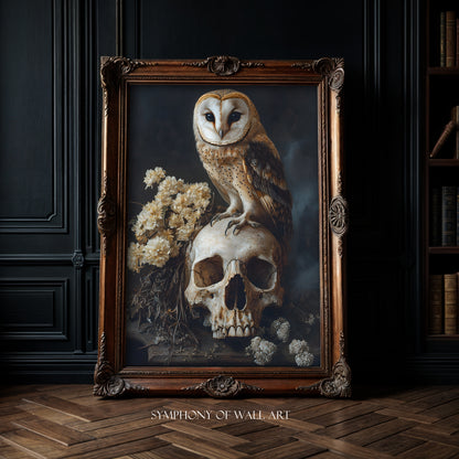 Dark academia, owl sitting on the human skull, bird, animal, wall art, art print in gold frame, poster on the wall