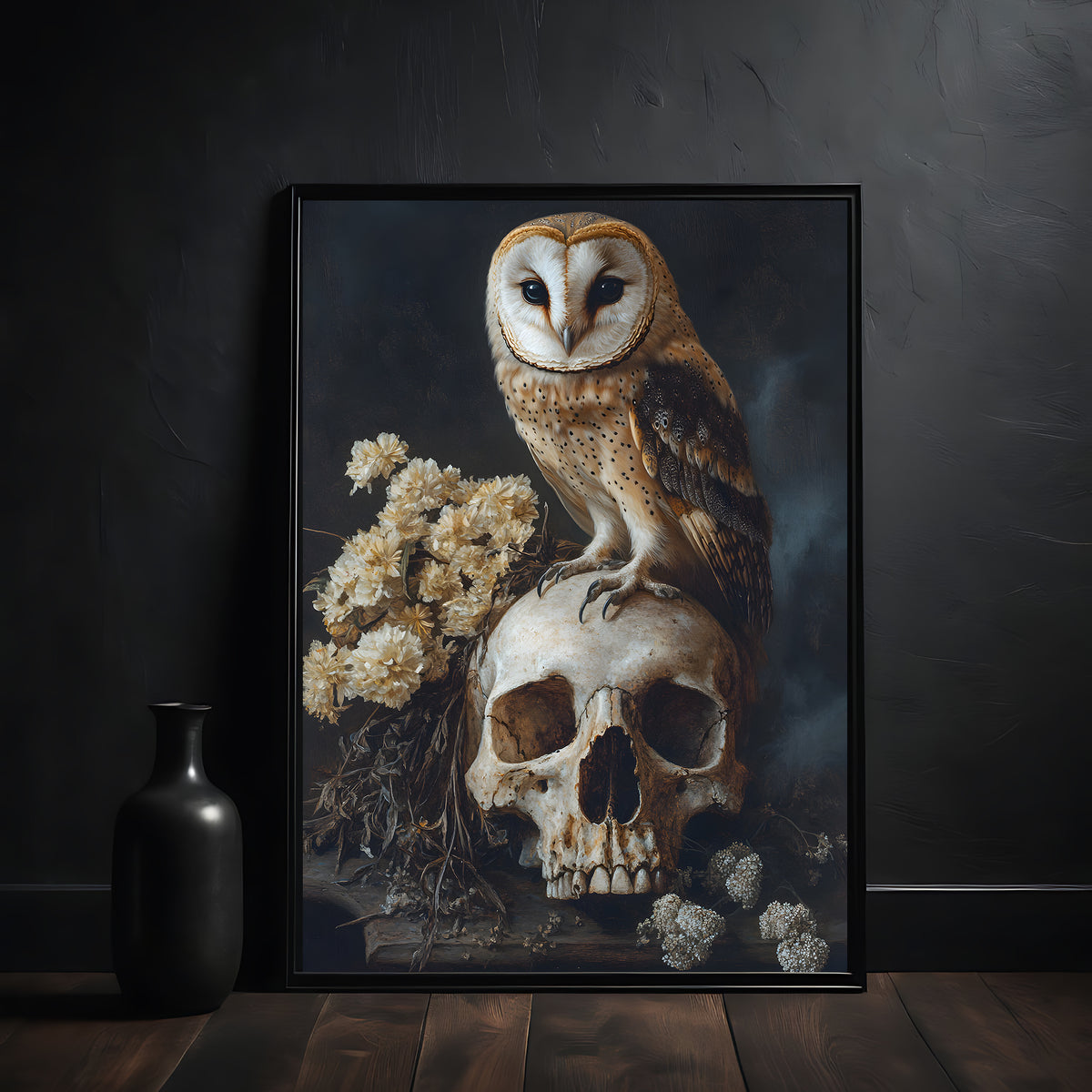 Dark academia, owl sitting on the human skull, bird, animal, wall art, art print in black frame, poster on the wall