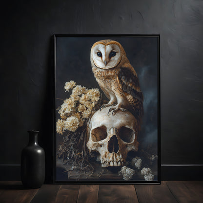 Dark academia, owl sitting on the human skull, bird, animal, wall art, art print in black frame, poster on the wall