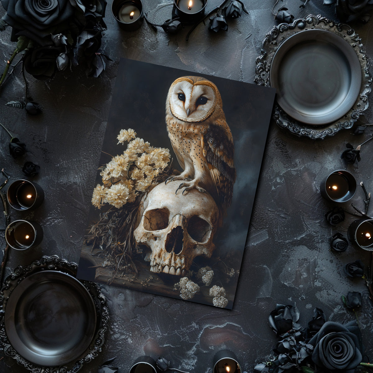 Dark academia, owl sitting on the human skull, bird, animal, wall art, art print without frame, poster on the wall, post card