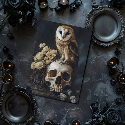 Dark academia, owl sitting on the human skull, bird, animal, wall art, art print without frame, poster on the wall, post card