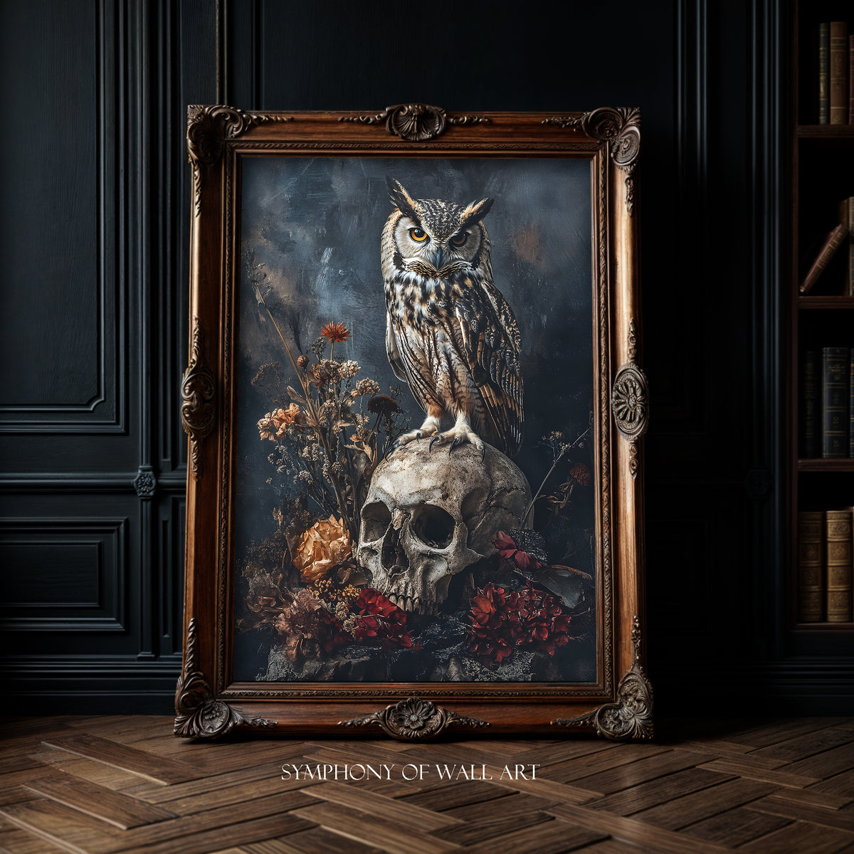 Dark academia, owl sitting on the human skull, bird, animal, wall art, art print in gold frame, poster on the wall, dried flowers