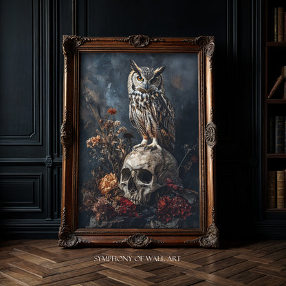 Dark academia, owl sitting on the human skull, bird, animal, wall art, art print in gold frame, poster on the wall, dried flowers