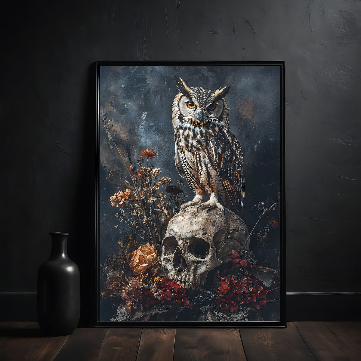 Dark academia art, owl sitting on the human skull, bird, animal, wall art, art print in black frame, poster on the wall, dried flowers