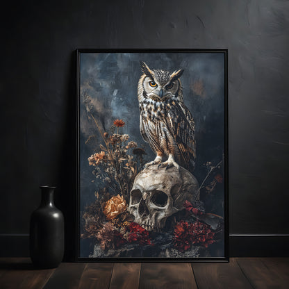 Dark academia art, owl sitting on the human skull, bird, animal, wall art, art print in black frame, poster on the wall, dried flowers