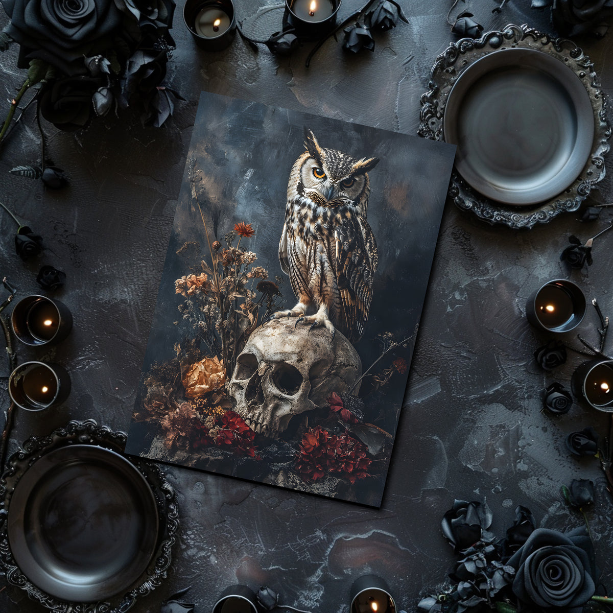 Dark academia art, owl sitting on the human skull, bird, animal, wall art, art print without frame, poster on the wall, dried flowers, post card