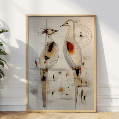A large framed abstract art print featuring two stylized bird-like figures with circular and geometric line details, leaning against a white wall on a light wood floor. A green plant is partially visible at the left edge.
