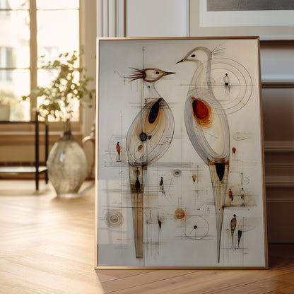 A framed abstract art print featuring two stylized bird-like figures with geometric linework and small red accents, leaning against a wall in a softly lit room with wood flooring and a blurred vase in the background.