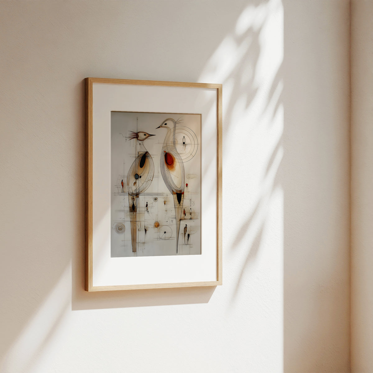 A framed art print featuring an abstract bird illustration, hanging on a warm beige wall with soft sunlight and leaf shadows cast across it.