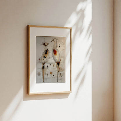 A framed art print featuring an abstract bird illustration, hanging on a warm beige wall with soft sunlight and leaf shadows cast across it.