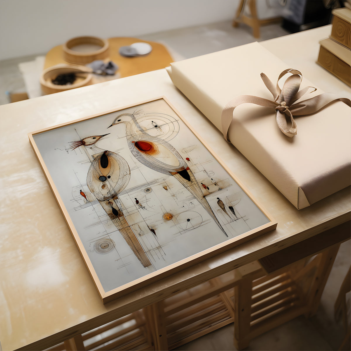 A framed abstract art print featuring bird-like sketches with red and black accents, displayed on a wooden table next to a wrapped gift box with a beige ribbon.