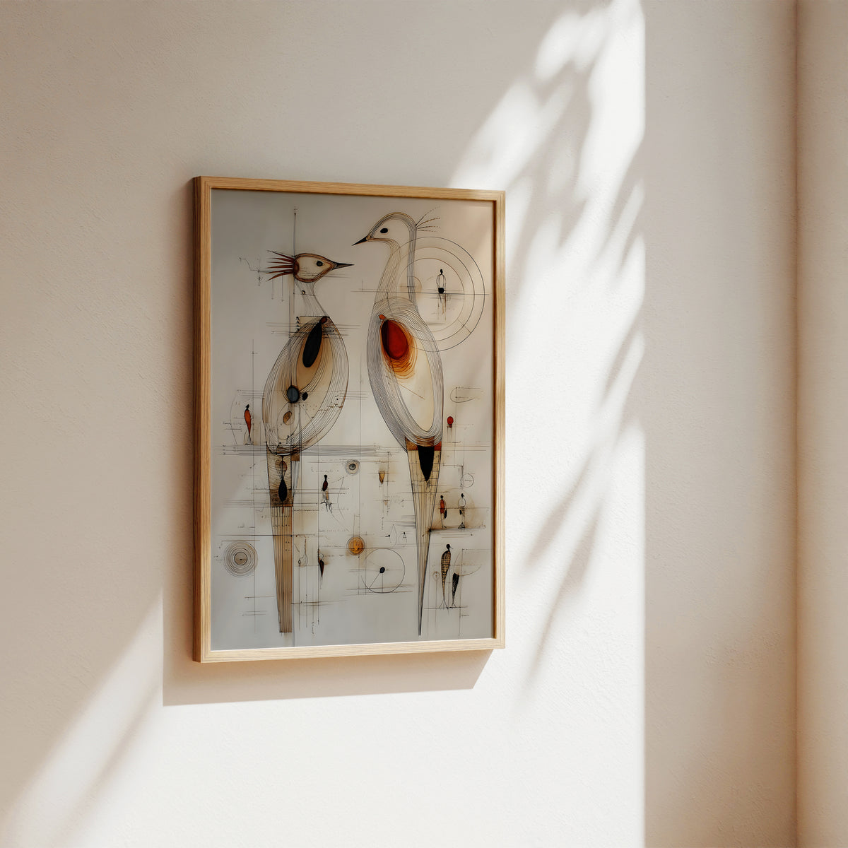 A framed abstract bird artwork hangs on a warm beige wall, with soft sunlight casting leafy shadows across the surface. The print features two stylized birds in muted beige, brown, black, and rust tones, enclosed in a light wood frame.