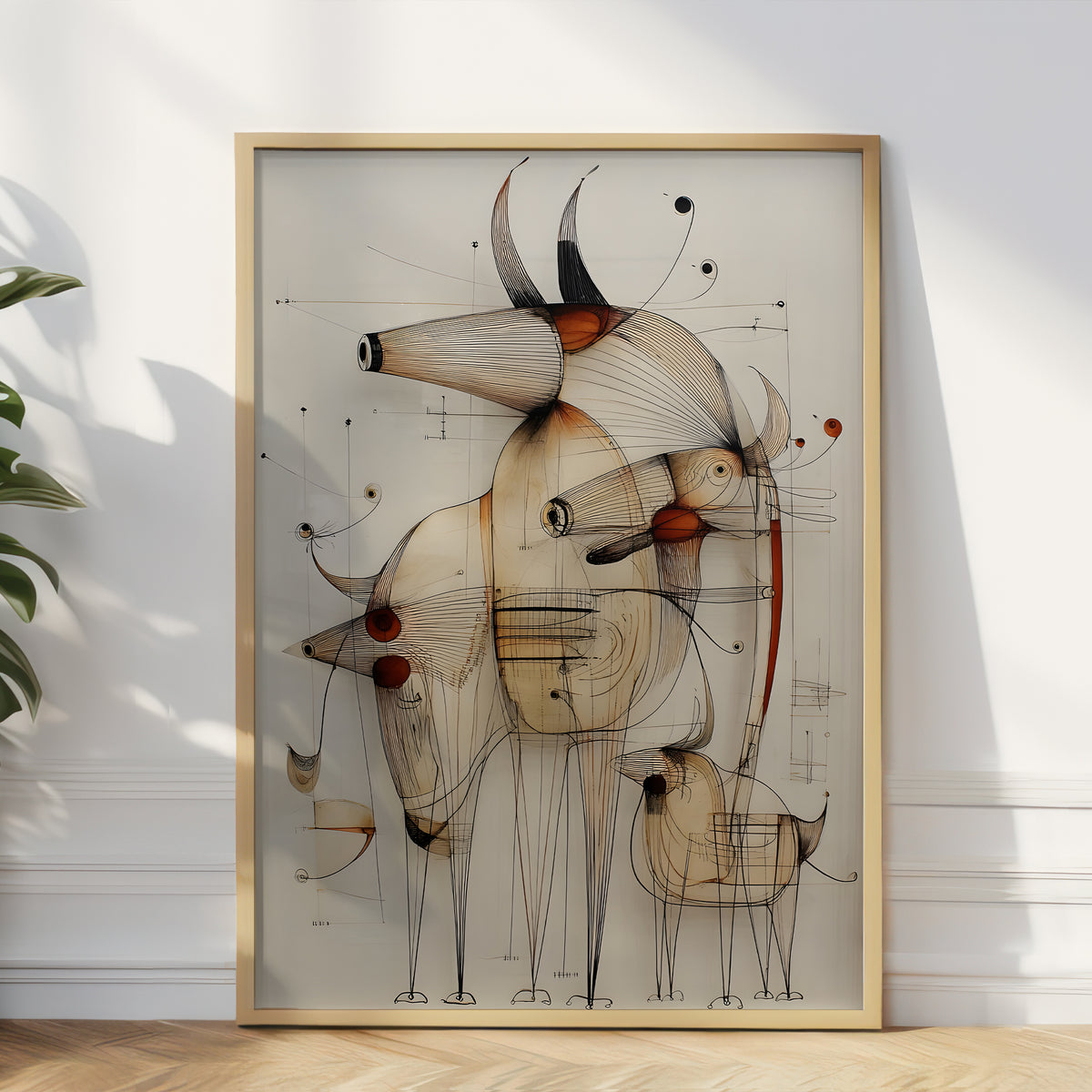 A large framed abstract art print featuring stylized line-drawn animals in beige, brown, black, and rust tones, leaning against a white wall on a light wood floor with a plant partially visible at the left edge.