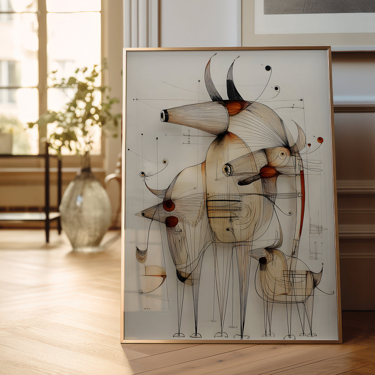 A framed abstract art print featuring stylized line-drawn animals in beige, black, and rust tones, leaning against a wall in a sunlit room with wood floors and a vase in the background.