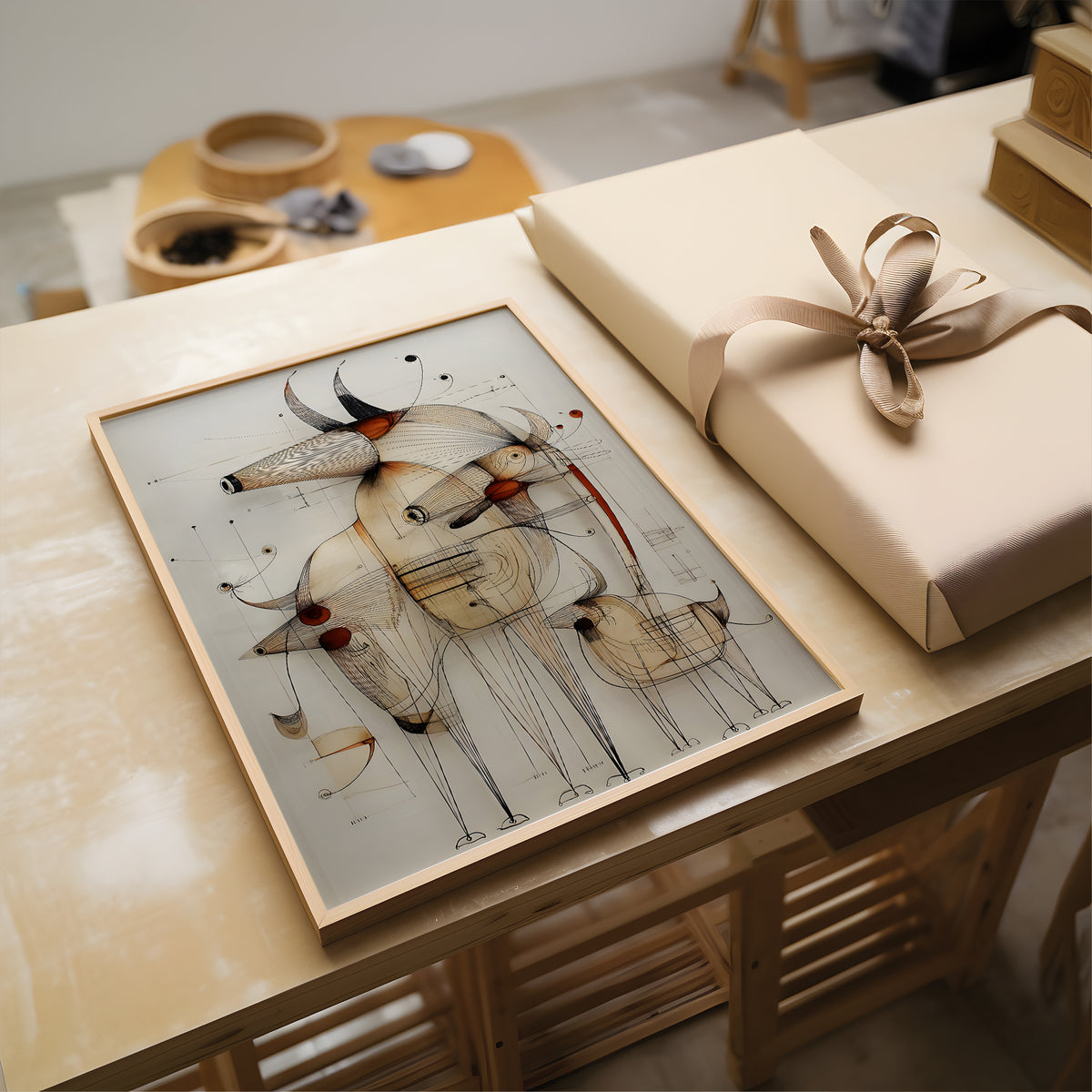 A framed abstract art print featuring geometric line drawings and small red accents, displayed on a light wood table next to a wrapped gift box with a beige ribbon.