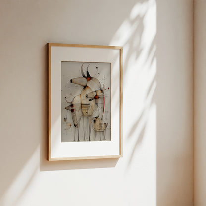 A framed abstract art print featuring stylized deer in beige, brown, and black tones, displayed on a warm off-white wall with soft sunlight and leaf shadows.