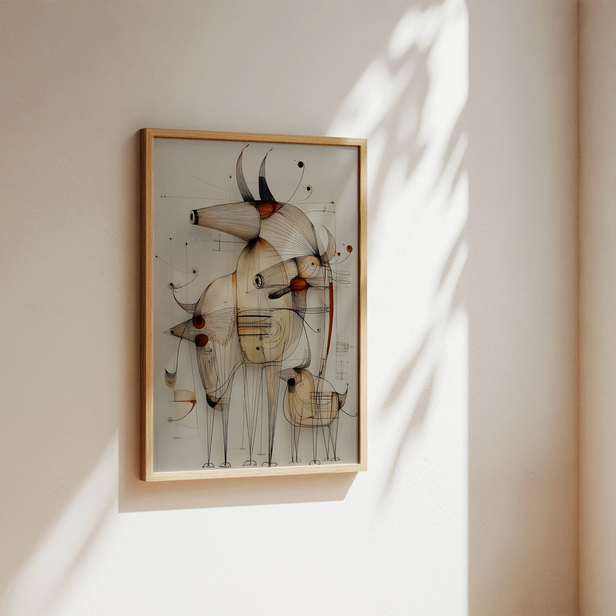 A framed abstract art print featuring stylized dog silhouettes with fine black lines and small red accents, hung on a warm beige wall with soft sunlight and leaf shadows.