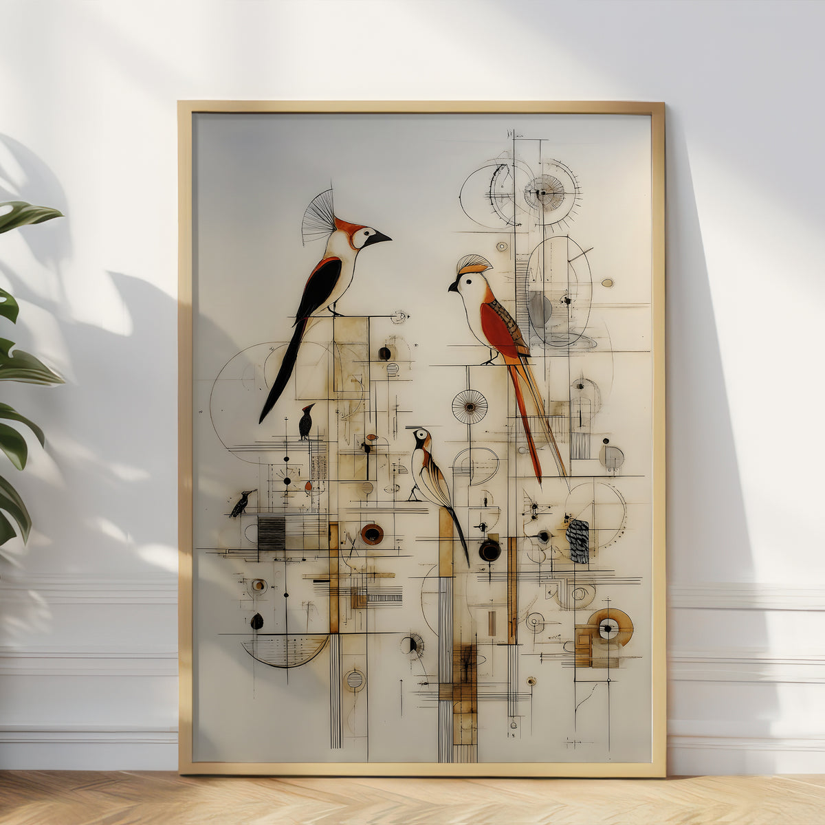 A framed abstract art print featuring two stylized birds with red, black, and white plumage over a beige background with geometric line art, leaning against a white wall on a light wood floor.