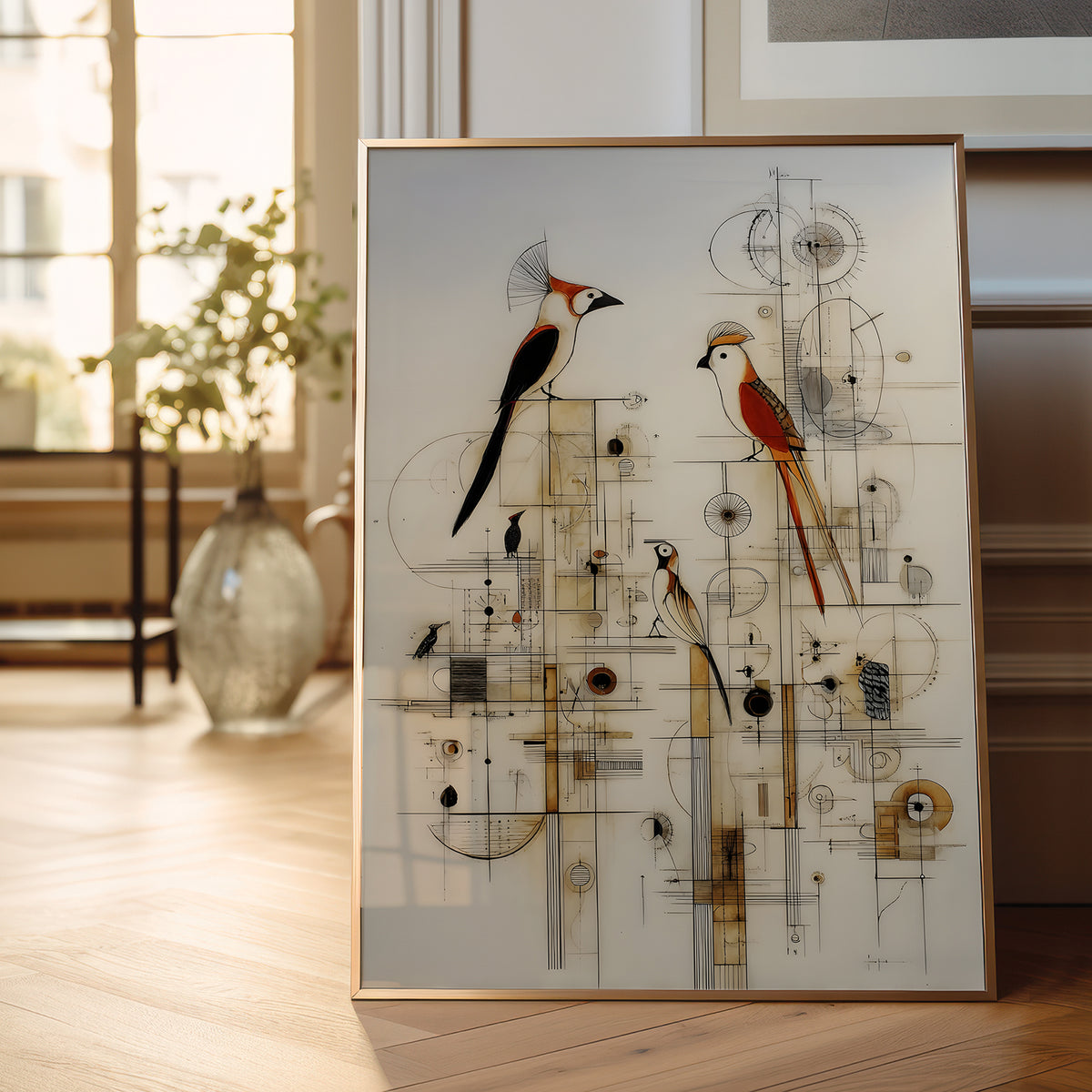 A framed abstract art print featuring two stylized birds with red, black, and white details, set against a background of beige circles and lines. The framed print is leaning against a wall on a light wooden floor in a bright, modern room.