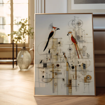 A framed abstract art print featuring two stylized birds with red, black, and white details, set against a background of beige circles and lines. The framed print is leaning against a wall on a light wooden floor in a bright, modern room.