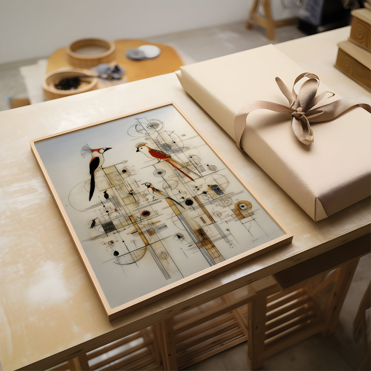 A framed abstract art print featuring two birds and geometric line work, styled on a wooden table next to a wrapped gift box with a beige ribbon.