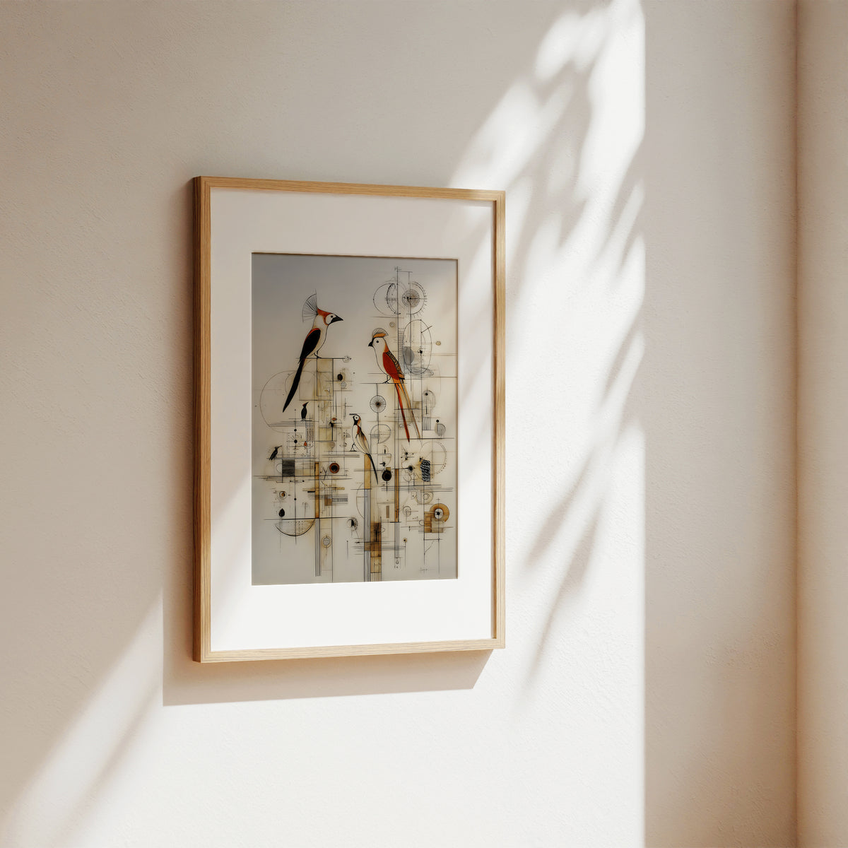 A framed art print featuring two birds perched on a tree with intricate mechanical or geometric line details, hanging on a warm beige wall with soft sunlight and leaf shadows.