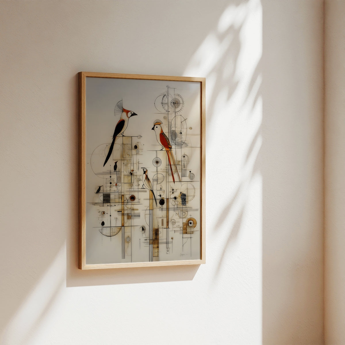 A framed abstract bird art print hangs on a warm beige wall, with soft sunlight casting leafy shadows across the surface. The artwork features two stylized birds in red, black, and white, set against a background of geometric lines and circles, all enclosed in a light wood frame.