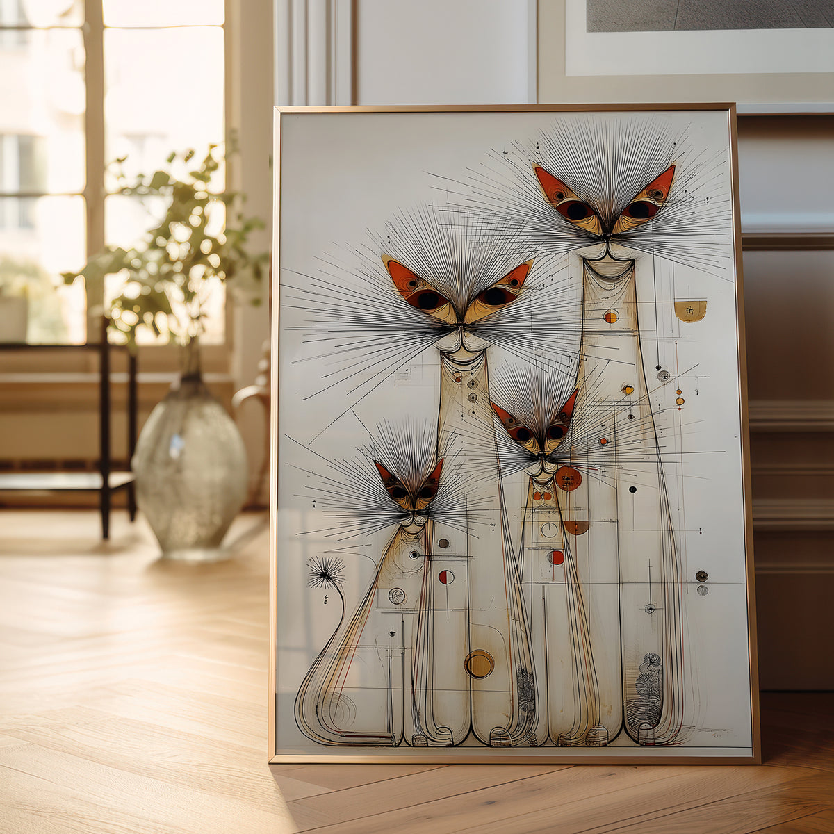 A framed abstract art print featuring stylized cat silhouettes with radiating line details and small orange, red, and gold accents, leaning against a wall in a softly lit room with wood flooring and a vase in the background.