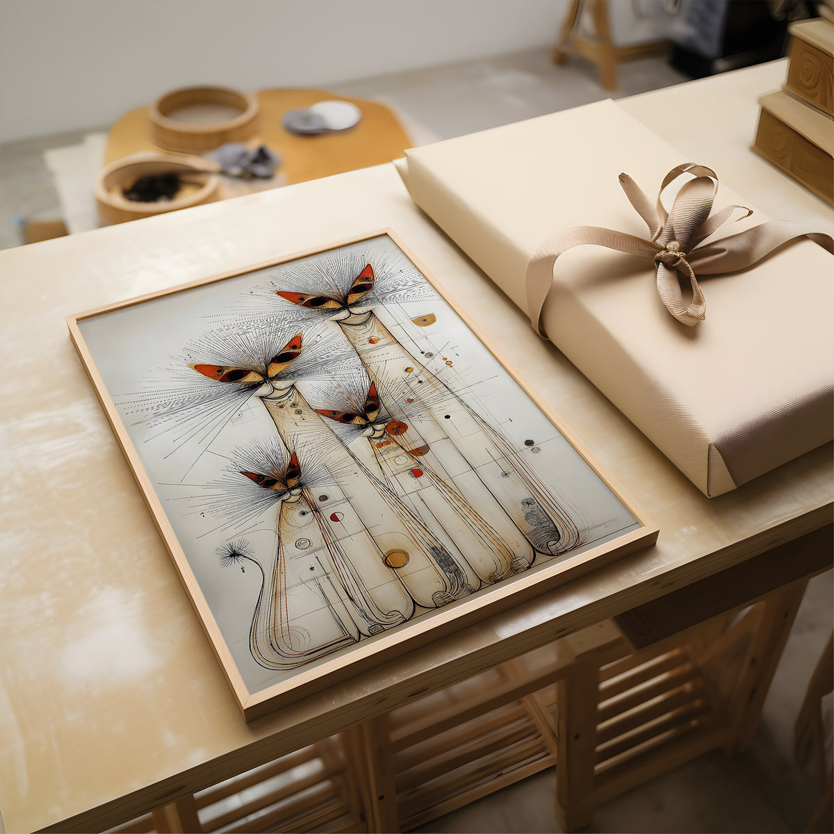 A framed abstract art print featuring stylized figures with butterfly-like heads, displayed on a wooden table next to a wrapped gift box.
