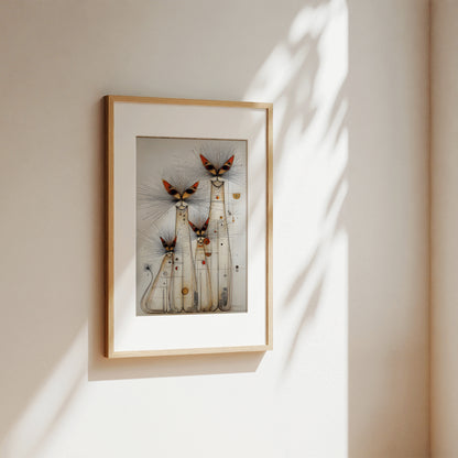 A framed art print featuring whimsical, tall cat-like figures with orange-red accents, displayed on a warm beige wall with soft sunlight and leaf shadows.