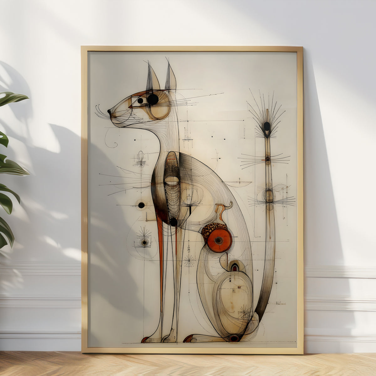 A framed abstract art print of a cat, styled leaning against a white wall on a light wood floor next to a green plant. The artwork features a minimalist, technical sketch style in brown, black, and orange on a cream background, enclosed in a light wood frame.