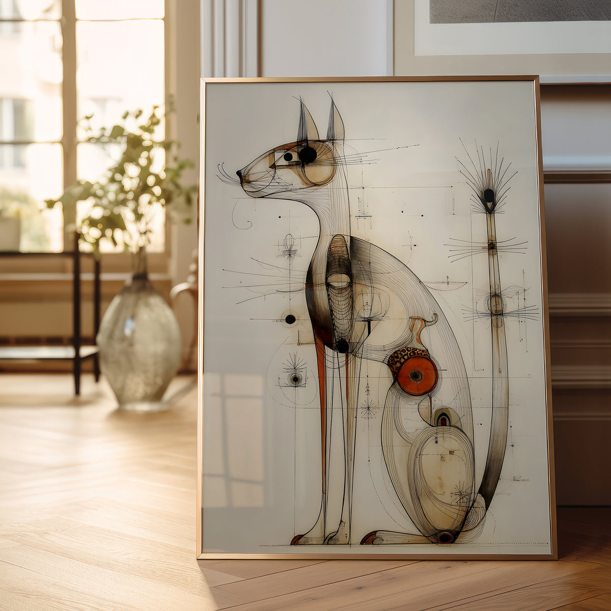 A framed art print featuring a stylized cat illustration with geometric line work and warm neutral tones, leaning against a wall in a softly lit room with a vase and window in the background.