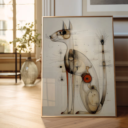 A framed art print featuring a stylized cat illustration with geometric line work and warm neutral tones, leaning against a wall in a softly lit room with a vase and window in the background.