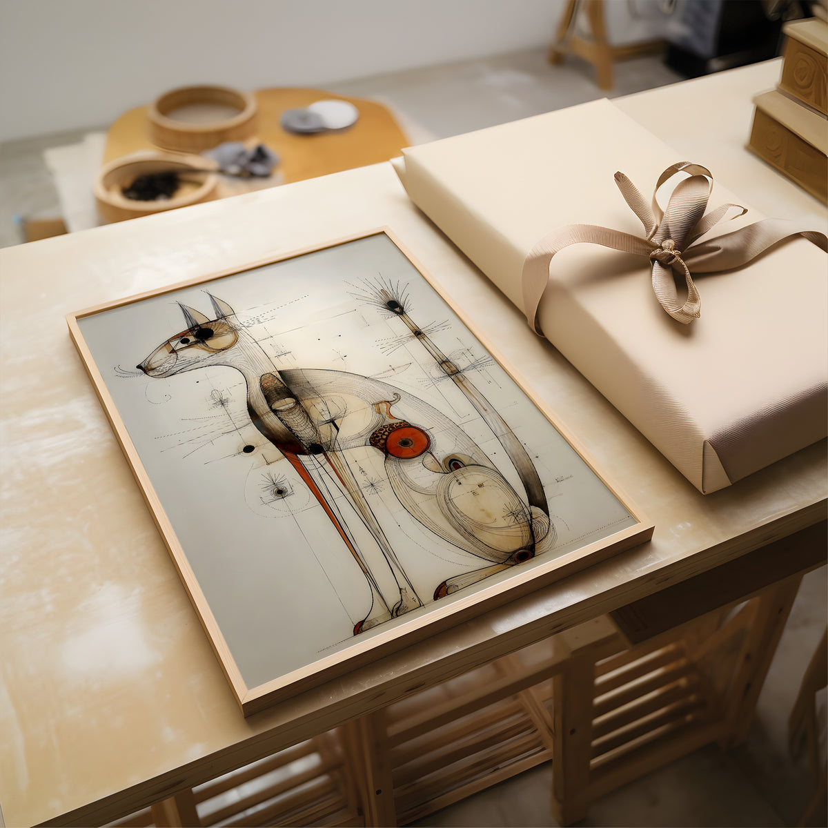 A framed abstract art print featuring a stylized cat illustration with a small red accent, displayed on a wooden table next to a wrapped gift box with a beige ribbon.