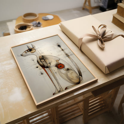 A framed abstract art print featuring a stylized cat illustration with a small red accent, displayed on a wooden table next to a wrapped gift box with a beige ribbon.